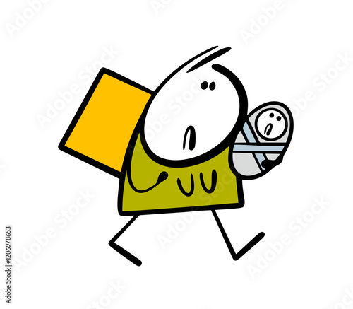 Unhappy mother is forced to work as a courier in a delivery service. Vector illustration of a single woman carrying a baby and a bag of groceries, earning a living by hard work. 