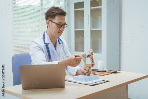 Male doctor treating intestinal diseases at a hospital table, discussing intestinal disease models, diagnosing gastritis ileitis,appendicitis, colon cancer,providing treatment plans and patient care photo