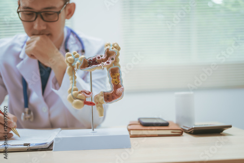 Male doctor treating intestinal diseases at a hospital table, discussing intestinal disease models, diagnosing gastritis ileitis,appendicitis, colon cancer,providing treatment plans and patient care photo