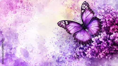 Purple butterfly on lilac flowers, watercolor background, spring nature scene, greeting card design