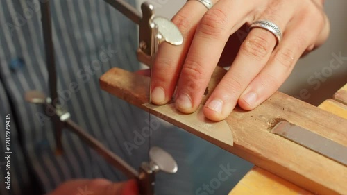 A person saws a piece of wood precisely in a workshop filled with tools and materials. photo