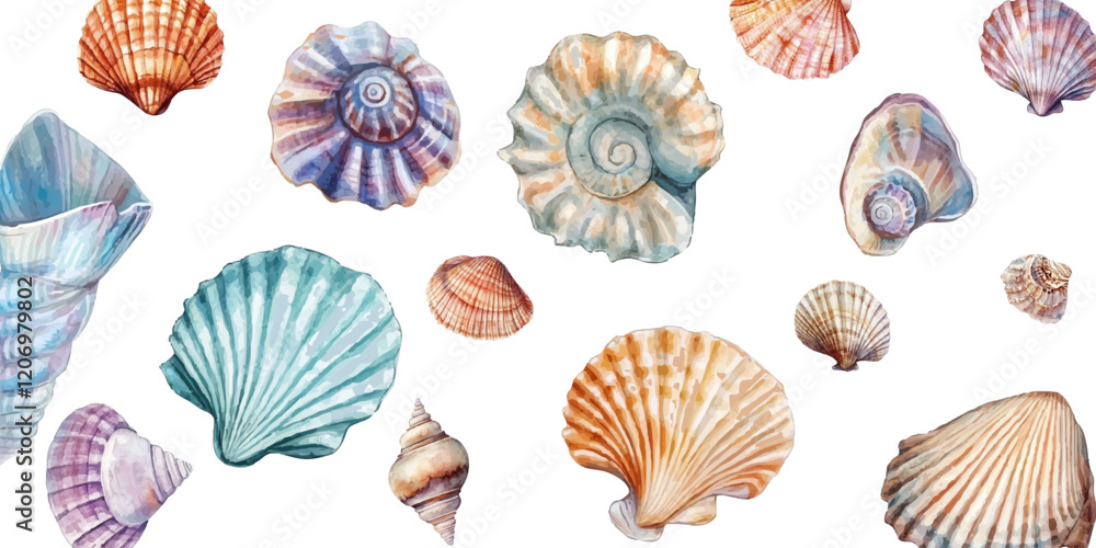 Collection of watercolor seashells on white background Collection of watercolor seashells on white background