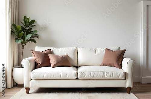 Boho style living room interior. Vase with dry herbs White linen upholstery. Light cushions.  photo