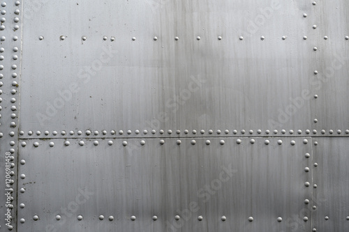 Close up of metal surface of an aircraft fuselage showing complex structure and arrangement of rivets embedded in it. Background, texture photo