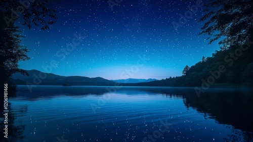 Night Sky with Stars Over a Calm Lake and Mountains