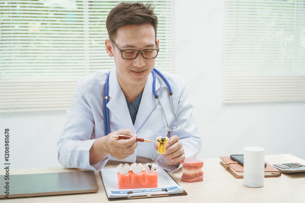 Male doctor treating dental diseases at a hospital, discussing tooth decay, crooked teeth broken teeth,cracked teeth, gum inflammation, and wisdom tooth pain, providing treatment plans, patient care Male doctor treating dental diseases at a hospital, discussing tooth decay, crooked teeth broken teeth,cracked teeth, gum inflammation, and wisdom tooth pain, providing treatment plans, patient care