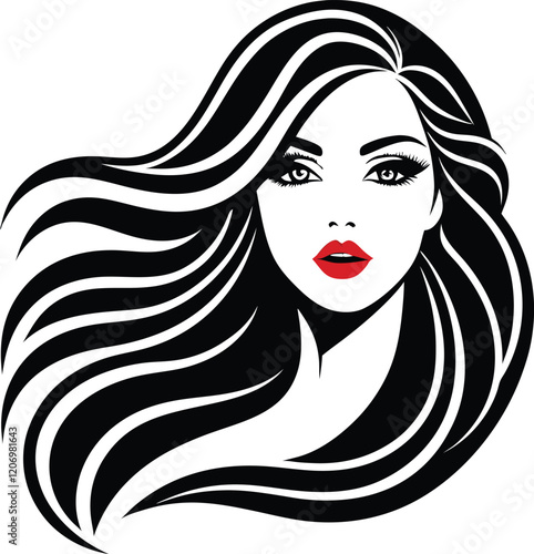 A stylized, black and white portrait of a woman with long, wavy black hair flowing around her head.