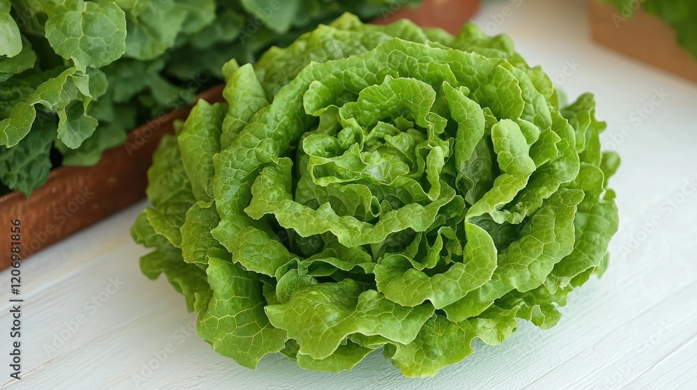 Close-up of a Fresh Green Lettuce Head with Glistening Particles on its Leaves Close-up of a Fresh Green Lettuce Head with Glistening Particles on its Leaves
