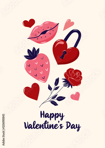 Happy Valentine's Day Card with Love elements. Simple cute greeting card on beige background. Vector illustration.