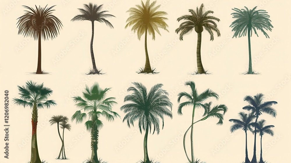 Fototapeta premium Set of Palm Tree Illustrations with Various Styles and Shapes