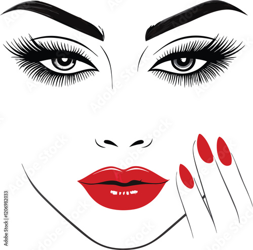 Stylish woman with red lipstick and nails, perfect for beauty or fashion.