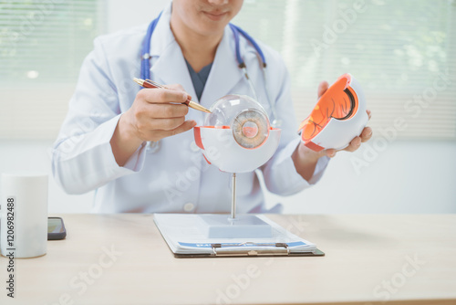 Male doctor specializing in eye diseases, providing consultations at a hospital, discussing eye disease models, and offering treatments for conditions like glaucoma, cataract, diabetic retinopathy