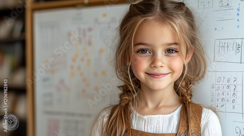 a little girl standing in front of a whiteboard photo