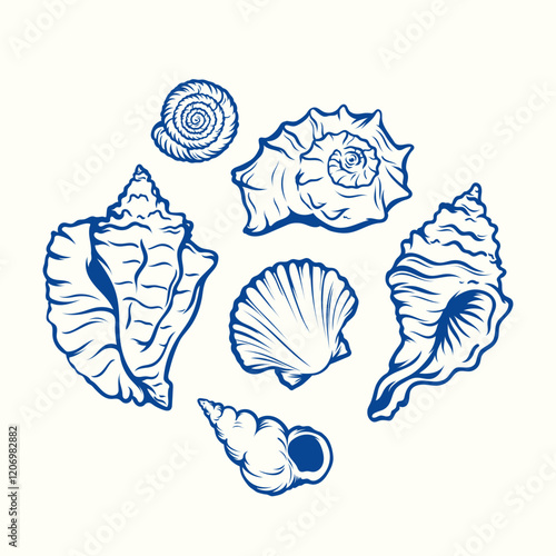 Seashells set. Hand drawn illustrations of engraved line. Collection of realistic sketches various mollusk sea shells different forms.