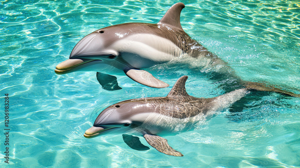 Naklejka premium Dolphin mother and calf swimming together in clear blue water, showcasing their playful nature and grace. beautiful moment of connection in ocean