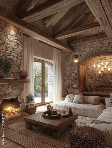 Rustic Stone Fireplace Livi...