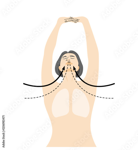 Silhouettes of woman body do breathing with show two hands up and arms reach up fingers interlace and palms turn towards.