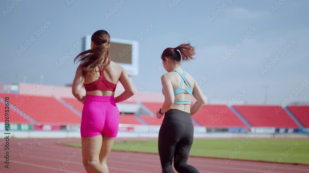 Two women running on a track. One is wearing a pink shirt and shorts. The other is wearing a blue shirt and black pants Two women running on a track. One is wearing a pink shirt and shorts. The other is wearing a blue shirt and black pants