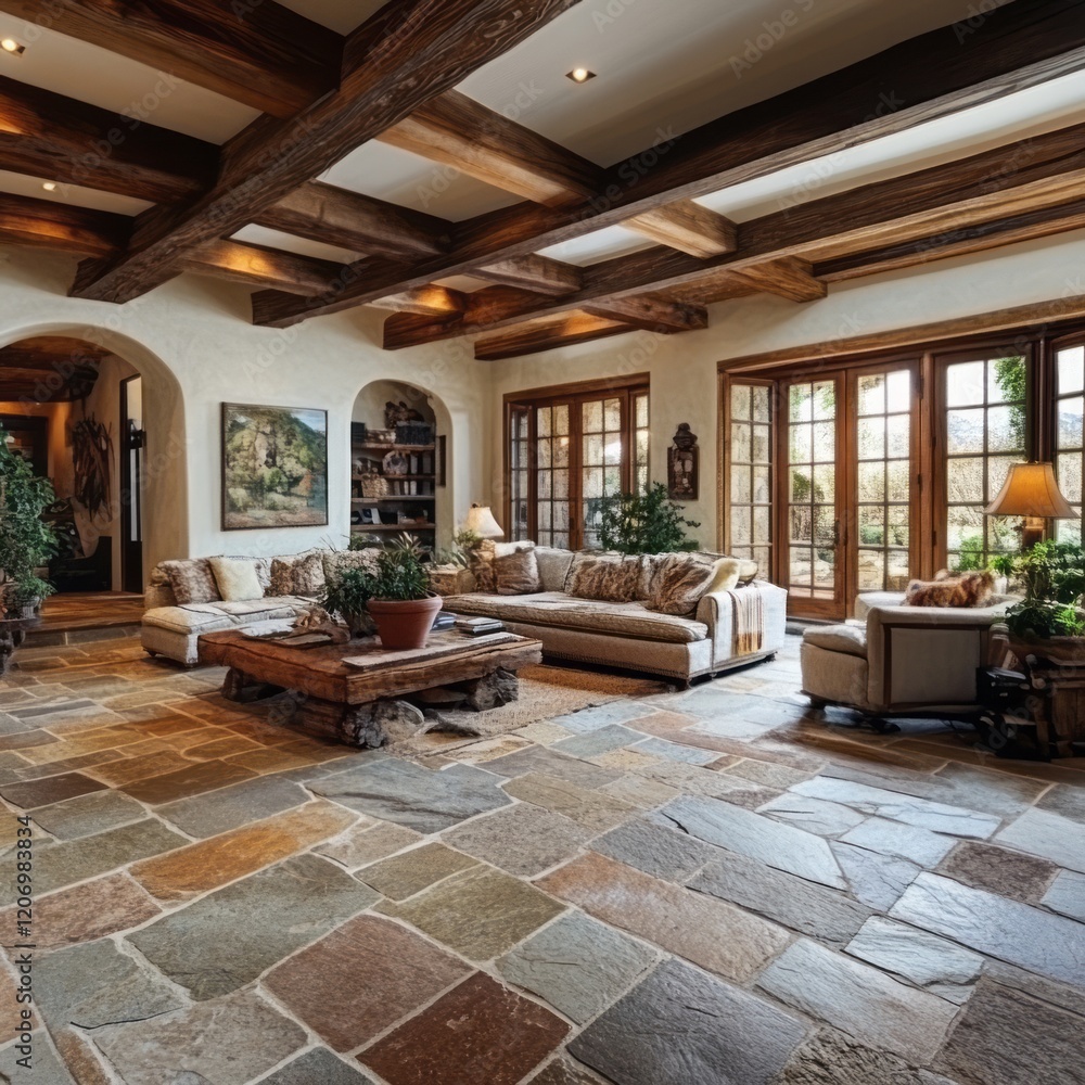 Fototapeta premium Luxurious Living Room With Exposed Wooden Beams And Stone Floor