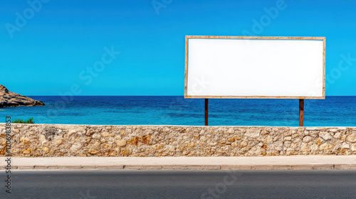 Empty billboard on beachside road with ocean view, surrounded by stone wall. clear blue sky enhances serene atmosphere, inviting creativity and inspiration