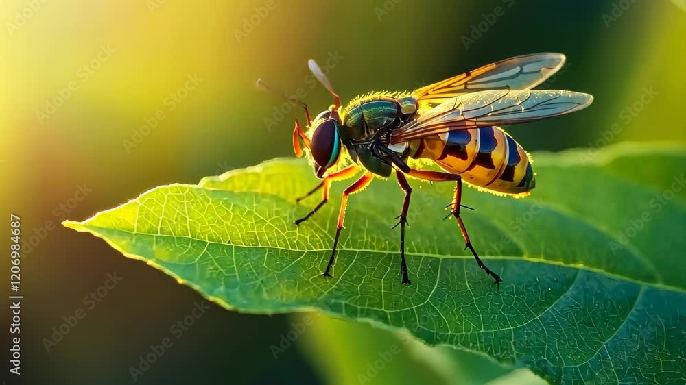 Hoverfly preens delicately on a leaf in the summer sun of the UK, A Hoverfly perched on a leaf as it preens Summer UK Hoverfly preens delicately on a leaf in the summer sun of the UK, A Hoverfly perched on a leaf as it preens Summer UK