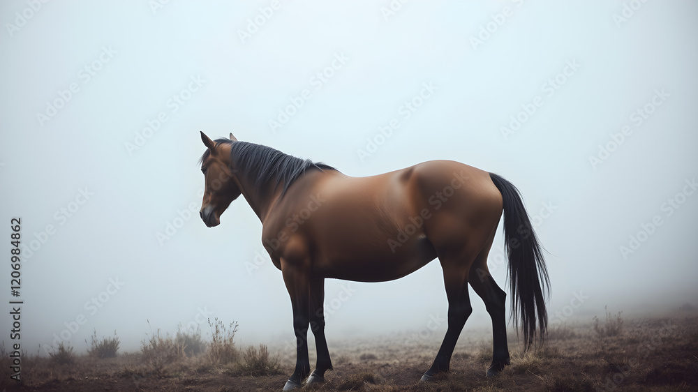 Obraz premium horse dramatic back view in foggy environment. Generative AI