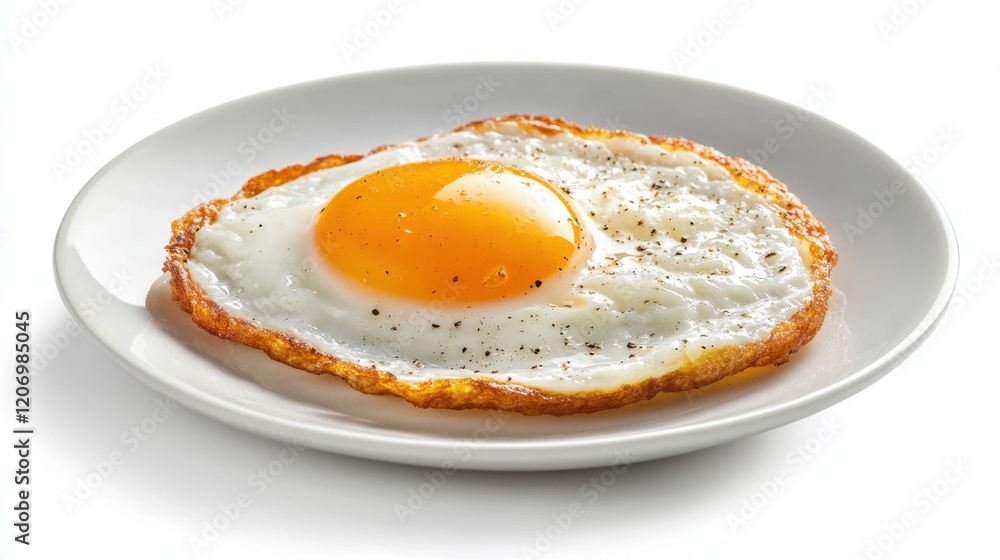 Perfectly cooked fried egg with a golden runny yolk and crispy edges, placed on a clean white plate, detailed and vibrant food photography, minimal background, soft natural light Perfectly cooked fried egg with a golden runny yolk and crispy edges, placed on a clean white plate, detailed and vibrant food photography, minimal background, soft natural light