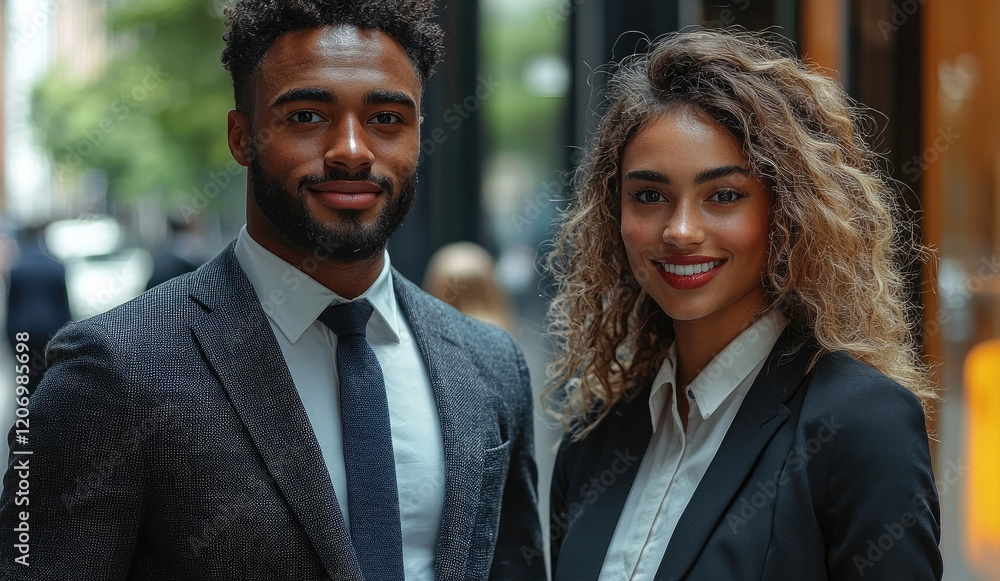 Business professionals stands in front of a building, mixed race. Business professionals stands in front of a building, mixed race.