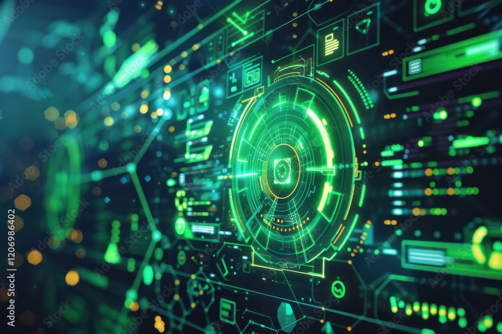 Sleek holographic screen with neon green data streams Sleek holographic screen with neon green data streams