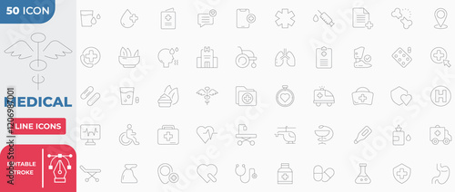 Medical Icon Collection Set. Containing treatment, prevention, medical, health, diagnosis, report, illness, injury and more. Editable Stroke.
