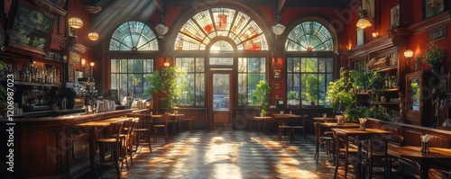 Sunlit Vintage Cafe Interior: A Serene Morning in a Classic European Bar