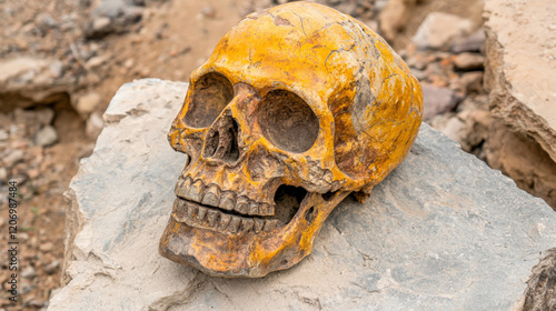 Fossilized human skull representing early human evolution, showcasing unique yellow coloration and intricate details. significant find in anthropology and archaeology