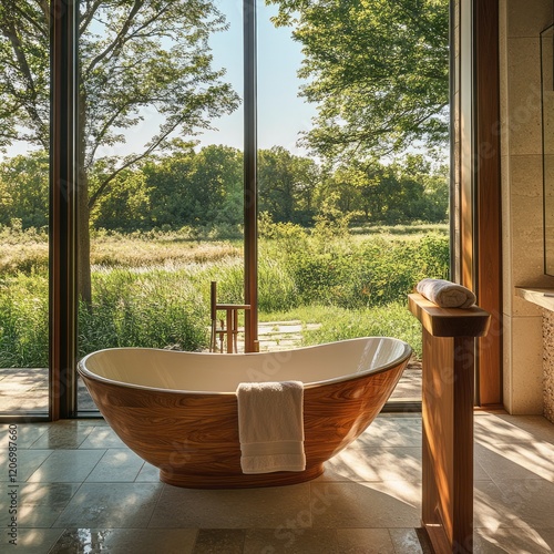 Wooden bathtub nestled in a...