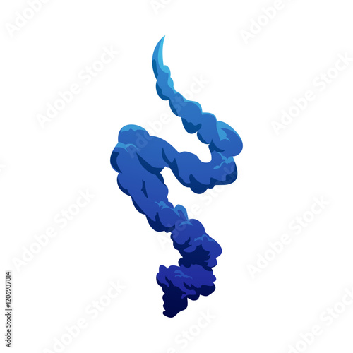 Cartoon rocket smoke flame curve trail, vector blue plume spaceship or missile launching gas vapor trace, exhaust steam