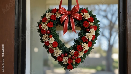 Wallpaper Mural Christmas wreath on the wall . A heart-shaped wreath hangs on a glass door. Torontodigital.ca