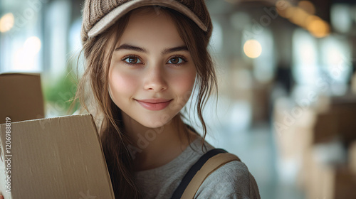 a young woman holding a cardboard box