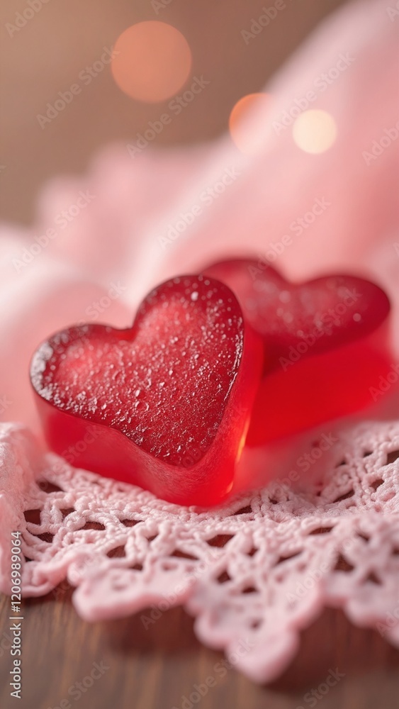 Obraz premium Two glossy, heart-shaped jelly candies nestled on a delicate lace fabric, with soft focus and warm tones, creating a dreamy Valentine's atmosphere