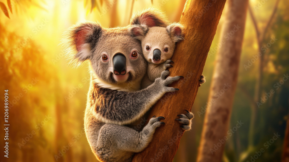 Obraz premium koala mother carries her baby on her back while climbing tree in lush forest. warm sunlight filters through leaves, creating serene and heartwarming scene