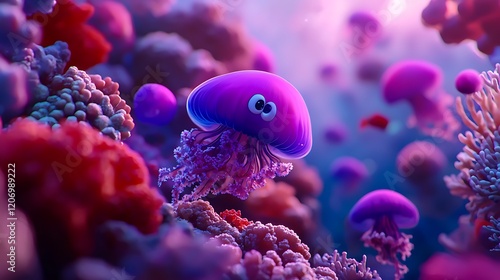 Purple jellyfish among coral reef, underwater scene, vibrant colors, children's illustration