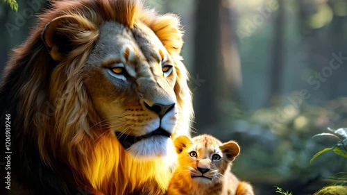 Majestic lion and playful cub share serene bond in forest, where warm sunlight filters through trees, celebrating beauty of wildlife and nature.