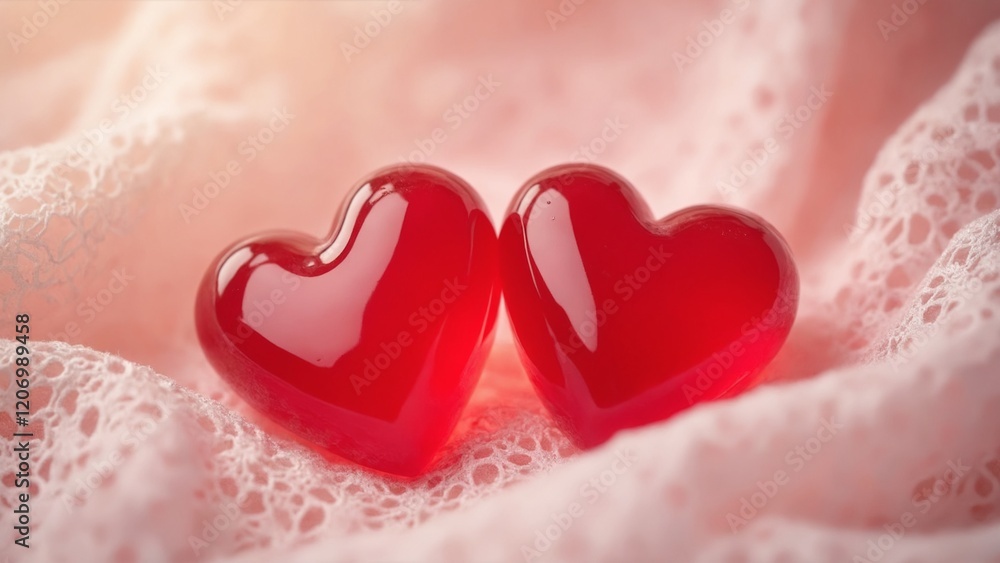 Fototapeta premium Two glossy, heart-shaped jelly candies nestled on a delicate lace fabric, with soft focus and warm tones, creating a dreamy Valentine's atmosphere