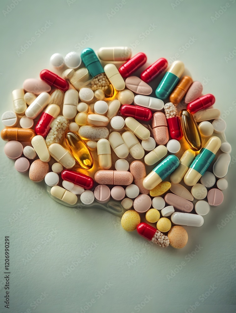 Brain Shaped Pills and Capsules in Pharmaceutical Lab Background Brain Shaped Pills and Capsules in Pharmaceutical Lab Background