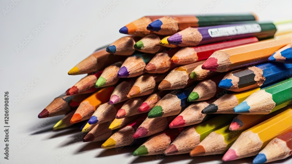 Close-up of scattered colorful pencils on white surface Close-up of scattered colorful pencils on white surface