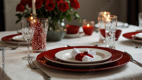 Obraz na płótnie Christmas table setting . A close-up shot of a romantic table setting with red plates, white linens, and roses w salonie