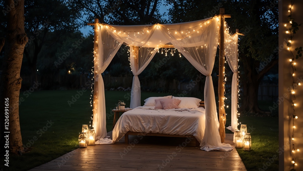luxury hotel room . An outdoor bed draped with sheer fabric and string lights sits at night.