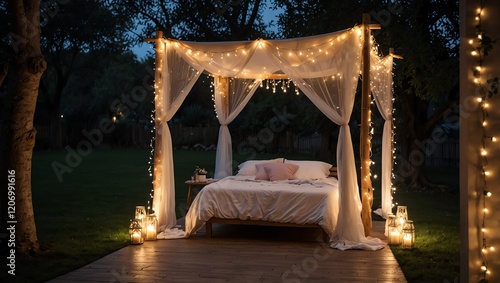 Obraz na płótnie luxury hotel room . An outdoor bed draped with sheer fabric and string lights sits at night. w salonie