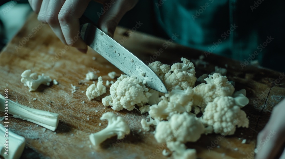 24.A macro view of fresh cauliflower being sliced by a woman, showing intricate textures of the florets and the clean blade of the knife against the worn wooden cutting board.