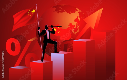 Businessman standing atop a rising graph chart, holding the Chinese flag while looking through a telescope. Symbolizes vision, growth, analyzing and future success in the China economy