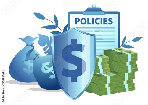 Shield marked with a dollar symbol, surrounded by money bags, a stack of cash, policy documents, and leaves. Themes of financial security, investment protection, insurance, and monetary policies