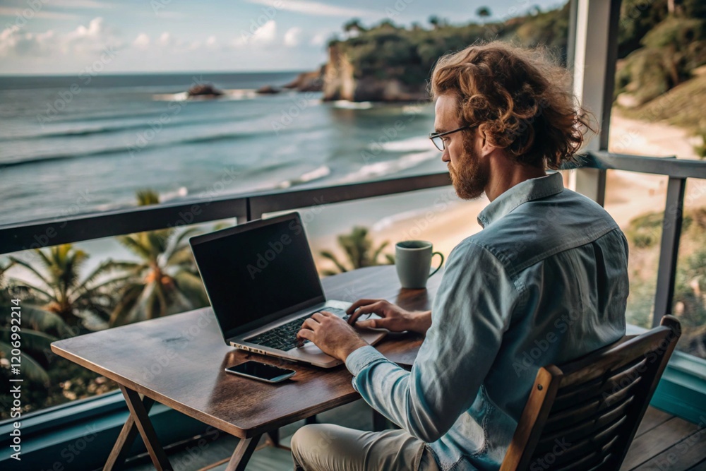 Fototapeta premium A young male freelance businessman is working on a laptop while on vacation by the sea or shopping in an online store.
